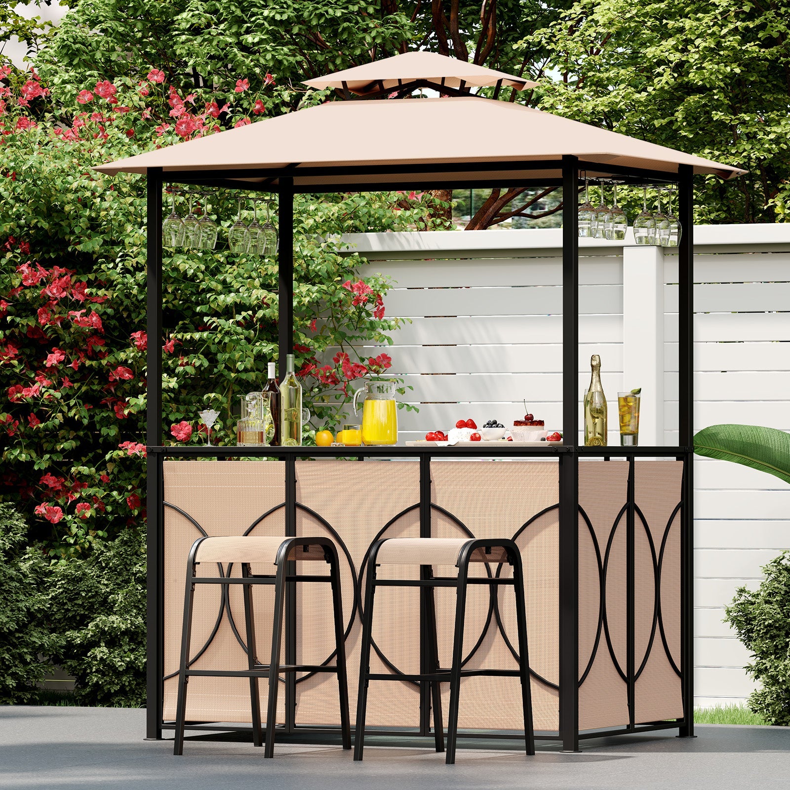 6.5 x 4 x 8 FT Grill Gazebo Set with 2 Bar Stools and Bar Table-Brown