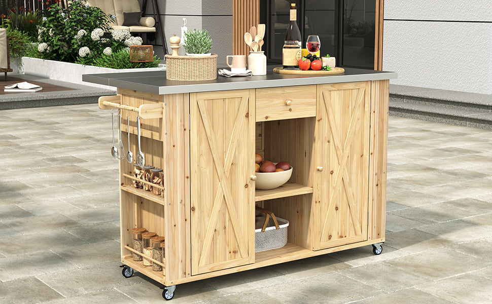 Outdoor Kitchen Island Fir Wood Kitchen Island with Stainless Steel Top, Ample Storage Space, Towel and Spice Racks, Bottle Opener, Natural