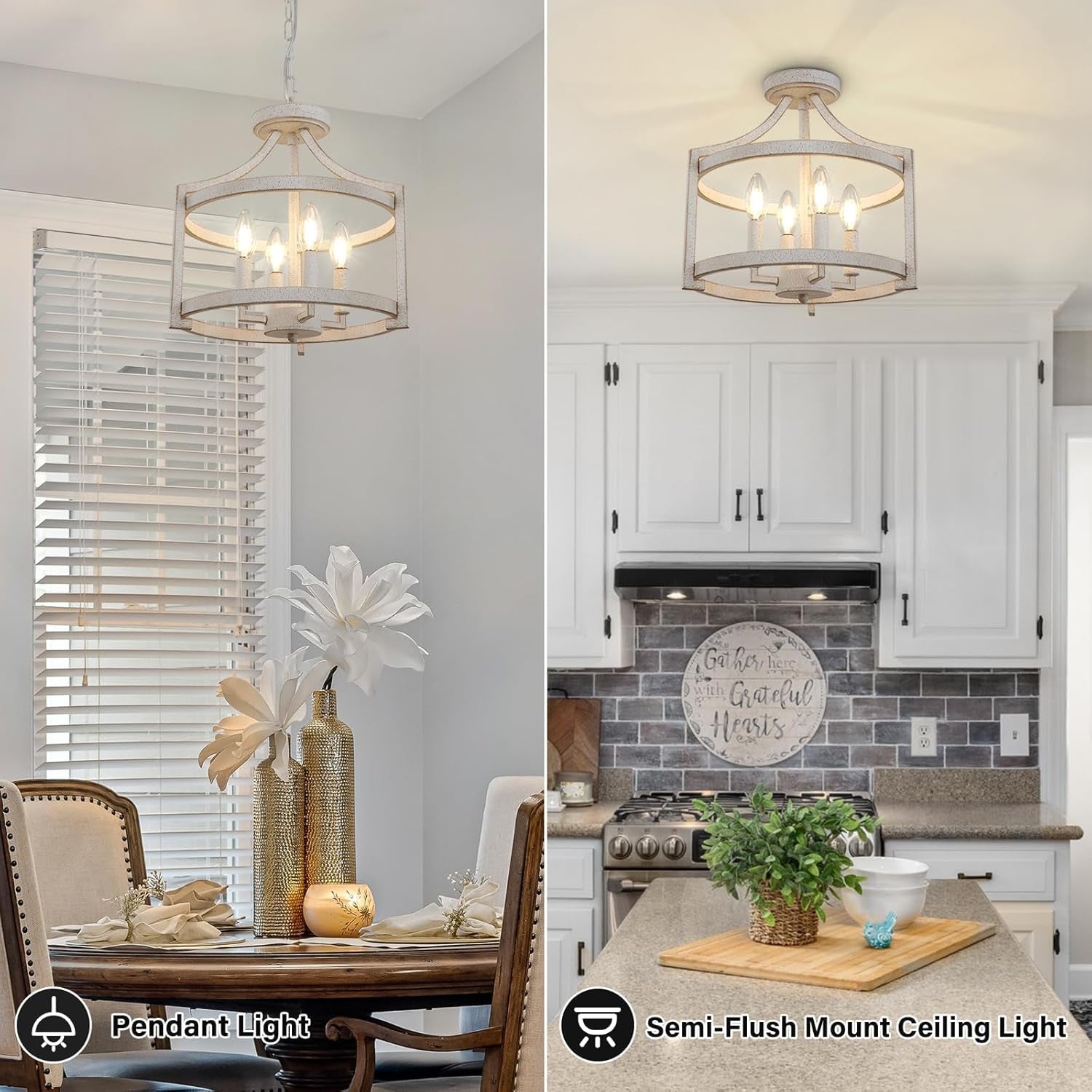 Distressed White 4 Light Farmhouse Chandelier Convertible Mount