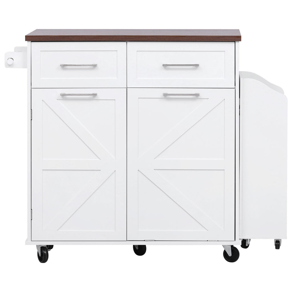 K&K 47.2' Farmhouse Kitchen Island with Drop Leaf, Kitchen Storage Island with Removable Side Racks, Two Drawers, Rolling Kitchen Cart on Wheels with Towel Rack, for Home, Kitchen, Dining Room, White