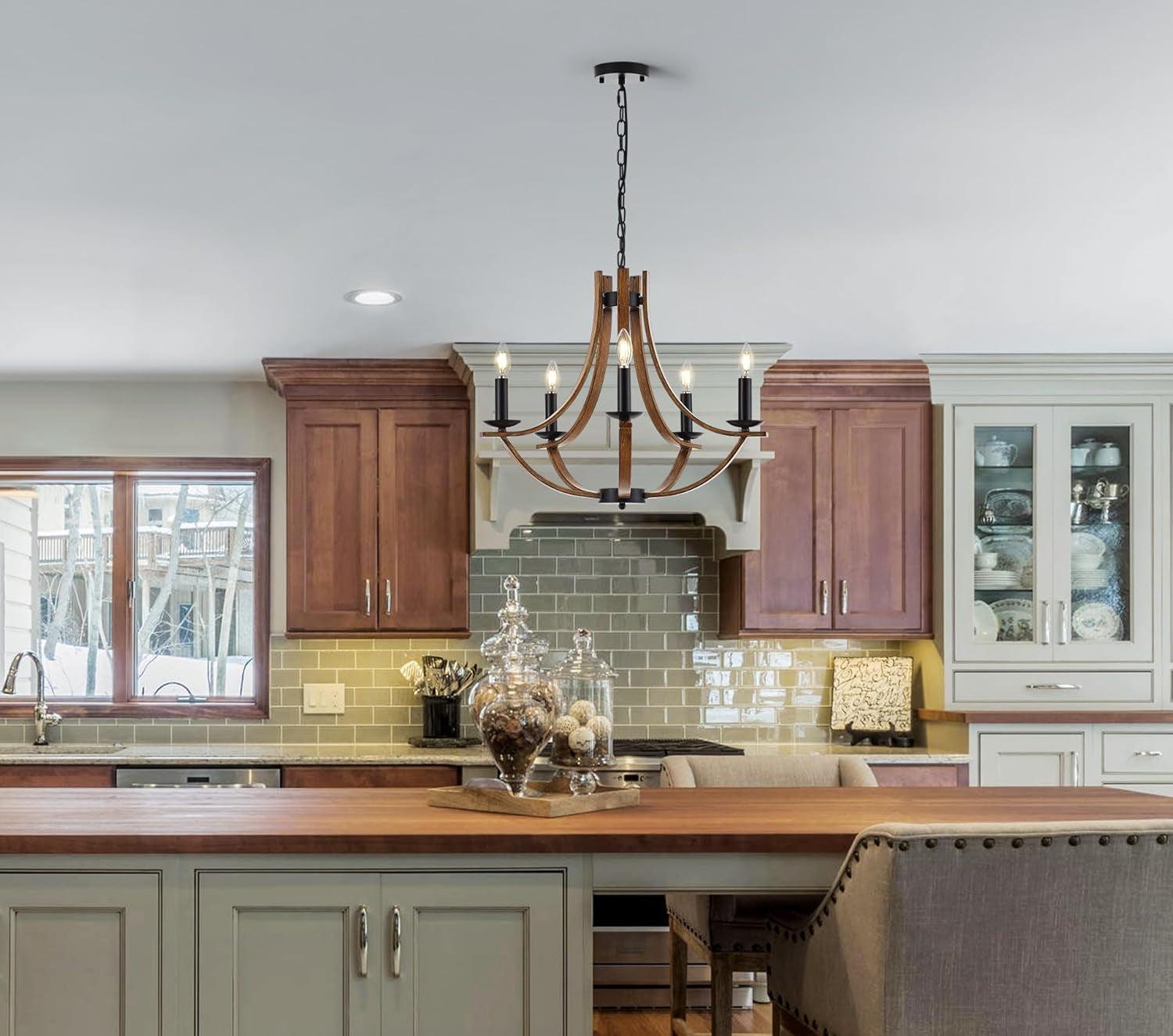 22 Inch Farmhouse Wooden Chandelier In Black Finish For Dining Room Lighting With Candle Style Ambience