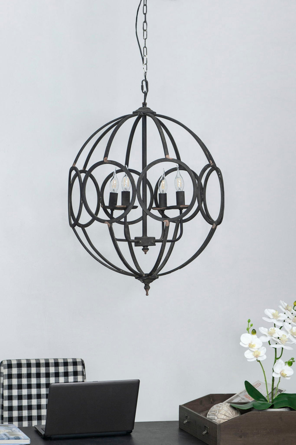 4 Light Metal Chandelier in Black Iron with Adjustable Chain
