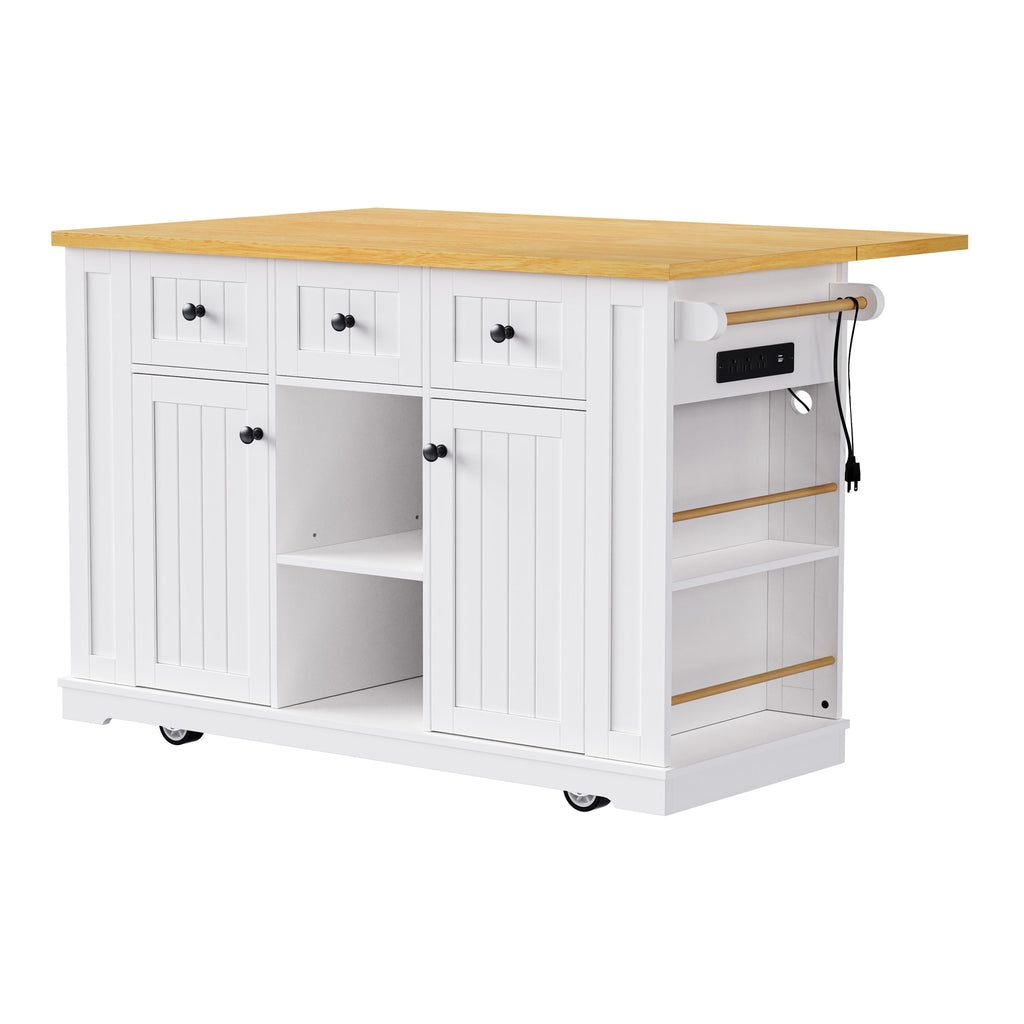 K&K 53inch Large Kitchen Island with 2 Bar Stools, Power Outlet,Door Internal Storage Rack, Kitchen Storage Cart on 5 Wheels with Drop Leaf, 5 Open Side Racks, 3 Drawers, for Kitchen,Dining Room,White