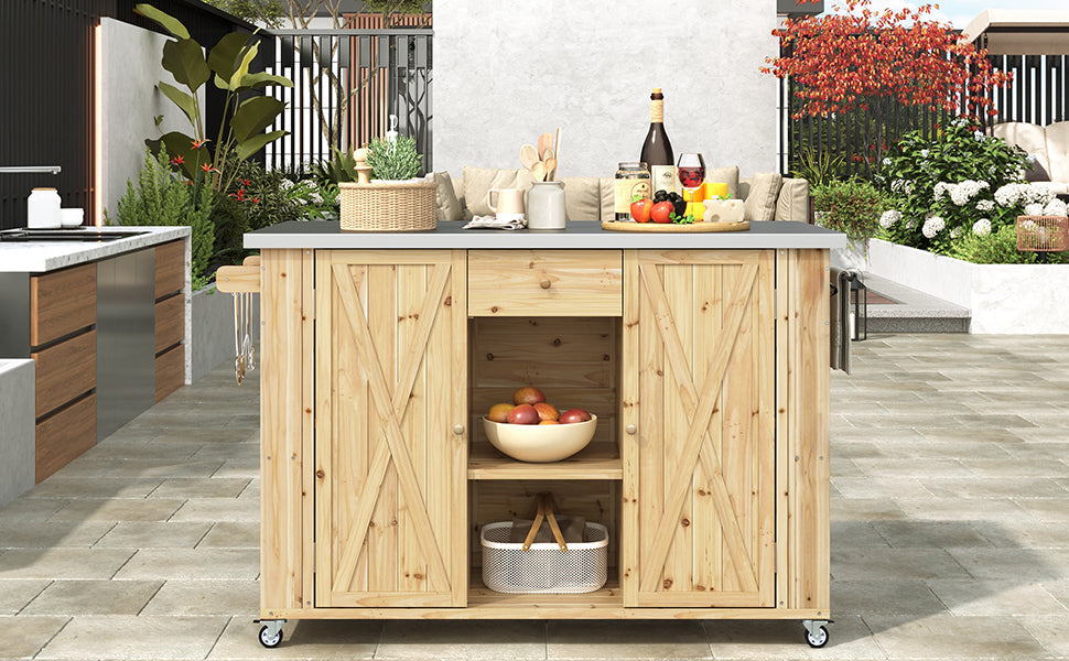 Outdoor Kitchen Island Fir Wood Kitchen Island with Stainless Steel Top, Ample Storage Space, Towel and Spice Racks, Bottle Opener, Natural