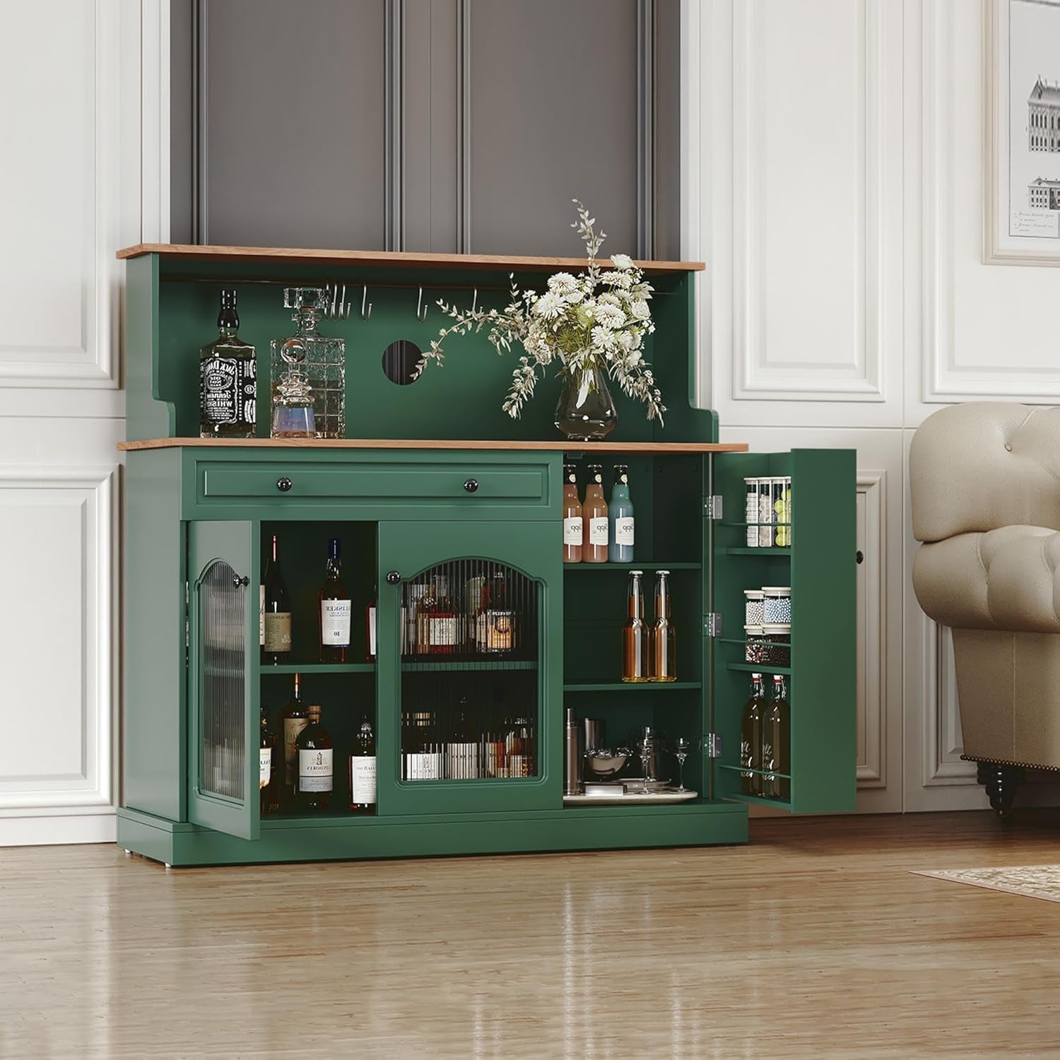 Green Farmhouse Coffee Bar Cabinet With Hutch 48 Inch