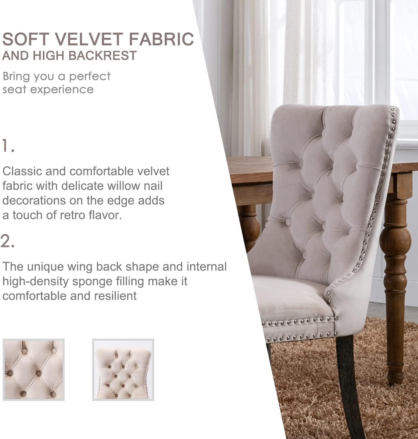 Velvet Dining Chairs Set of 6, Tufted Dining Room Chairs with Button Back, Nailhead Trim, Upholstered Dining Chairs for Kitchen, Bedroom, Restaurant (Beige)