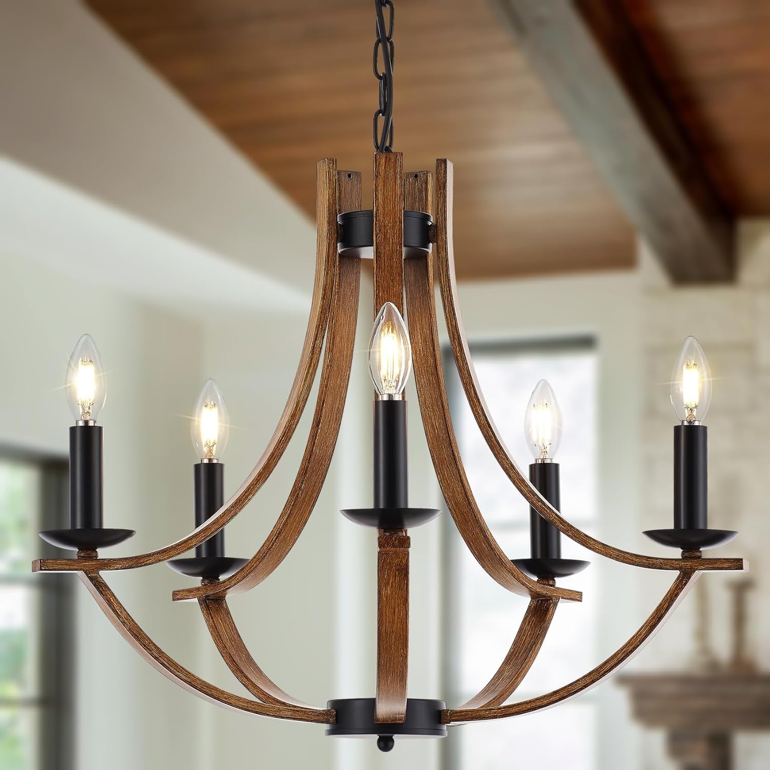 22 Inch Farmhouse Wooden Chandelier In Black Finish For Dining Room Lighting With Candle Style Ambience