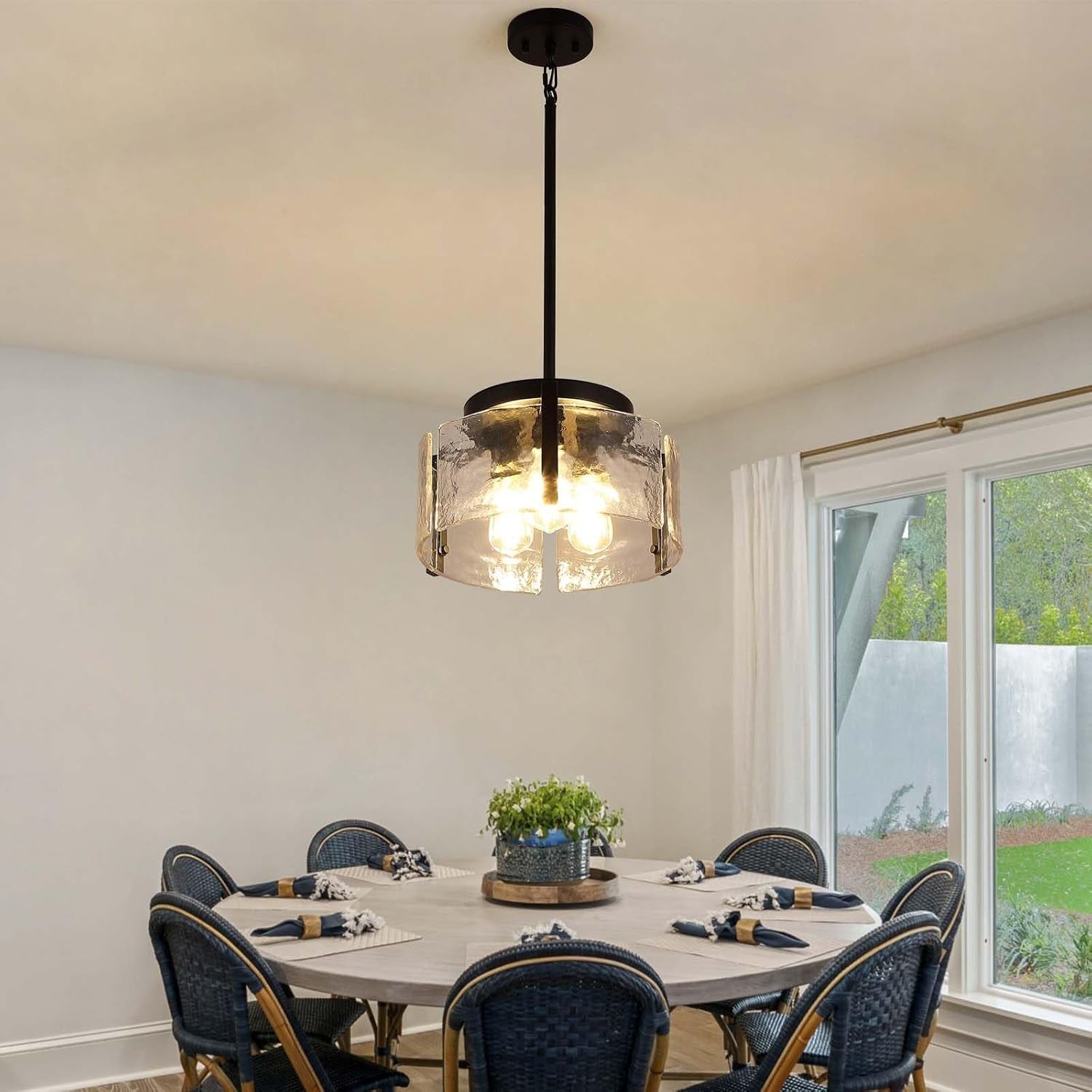 Black Adjustable Farmhouse Chandelier For Dining Room With Hammered Glass