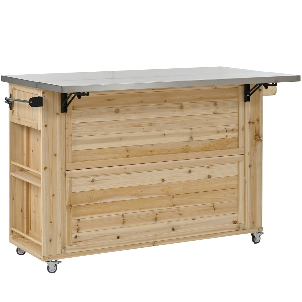 Outdoor Kitchen Island Fir Wood Kitchen Island with Stainless Steel Top, Ample Storage Space, Towel and Spice Racks, Bottle Opener, Natural