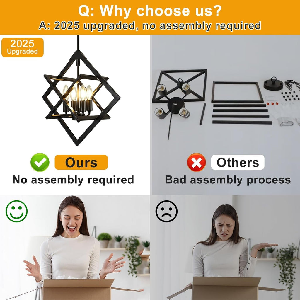 18 Inch Black Geometric Industrial Farmhouse Chandelier With 4 Lights Adjustable Height