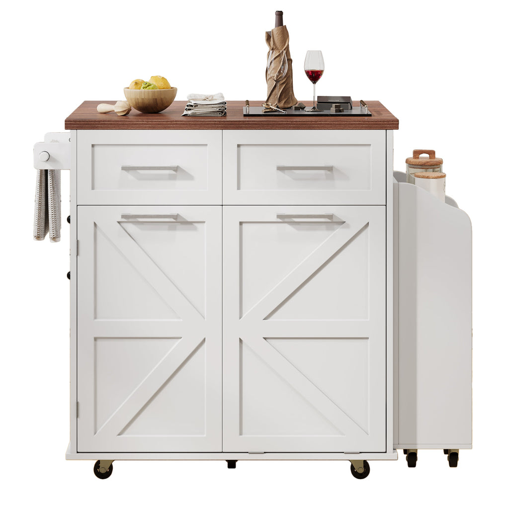 K&K 47.2' Farmhouse Kitchen Island with Drop Leaf, Kitchen Storage Island with Removable Side Racks, Two Drawers, Rolling Kitchen Cart on Wheels with Towel Rack, for Home, Kitchen, Dining Room, White