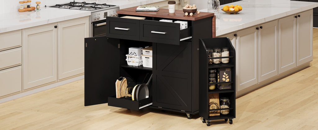 K&K 47.2' Farmhouse Kitchen Island with Drop Leaf, Kitchen Storage Island with Removable Side Racks, Two Drawers, Rolling Kitchen Cart on Wheels with Towel Rack, for Home, Kitchen, Dining Room, Black