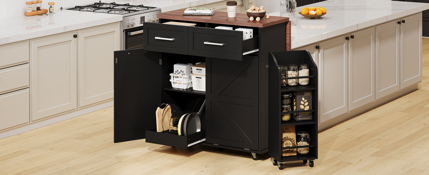 K&K 47.2' Farmhouse Kitchen Island with Drop Leaf, Kitchen Storage Island with Removable Side Racks, Two Drawers, Rolling Kitchen Cart on Wheels with Towel Rack, for Home, Kitchen, Dining Room, Black