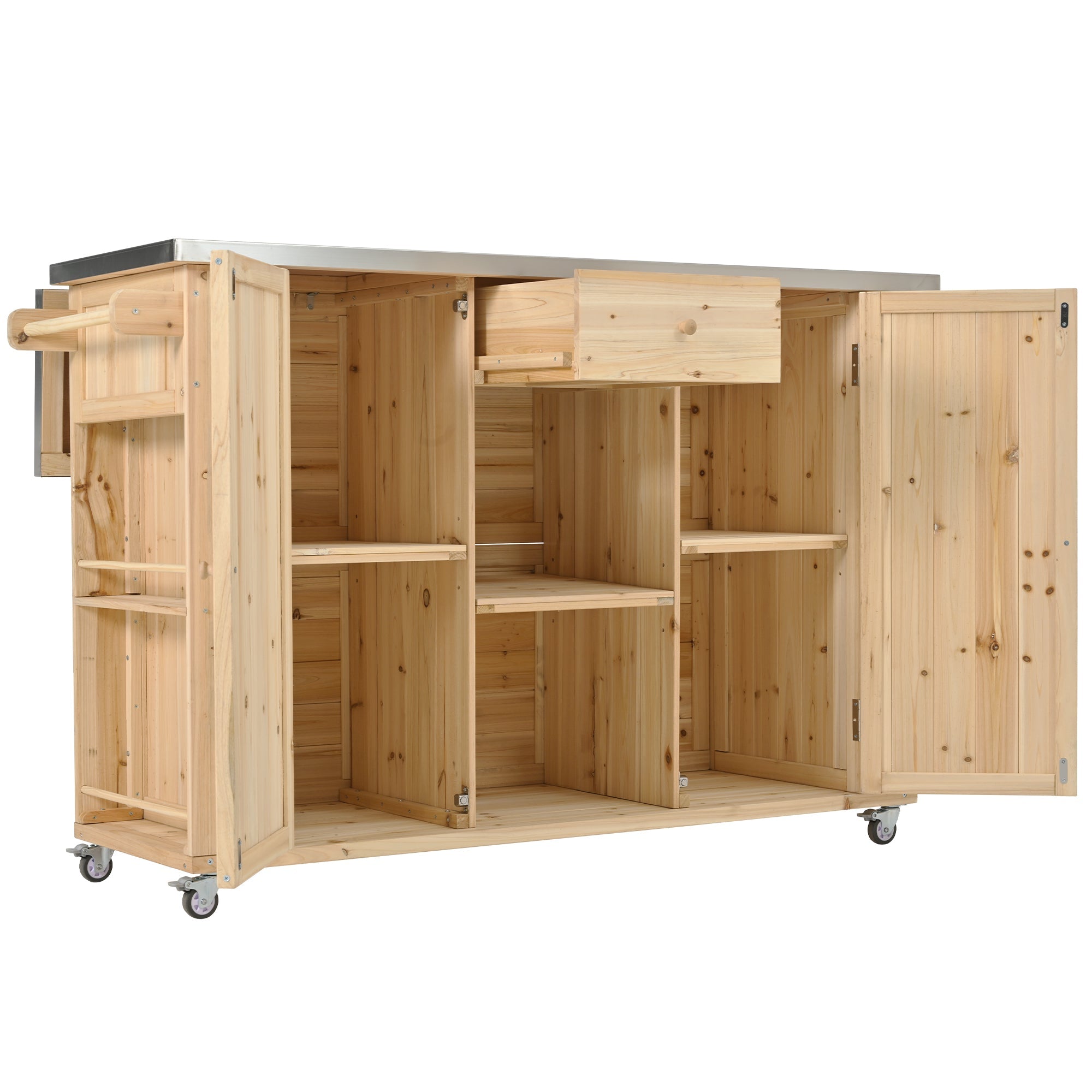 Outdoor Kitchen Island Fir Wood Kitchen Island with Stainless Steel Top, Ample Storage Space, Towel and Spice Racks, Bottle Opener, Natural