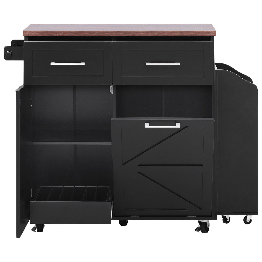 K&K 47.2' Farmhouse Kitchen Island with Drop Leaf, Kitchen Storage Island with Removable Side Racks, Two Drawers, Rolling Kitchen Cart on Wheels with Towel Rack, for Home, Kitchen, Dining Room, Black