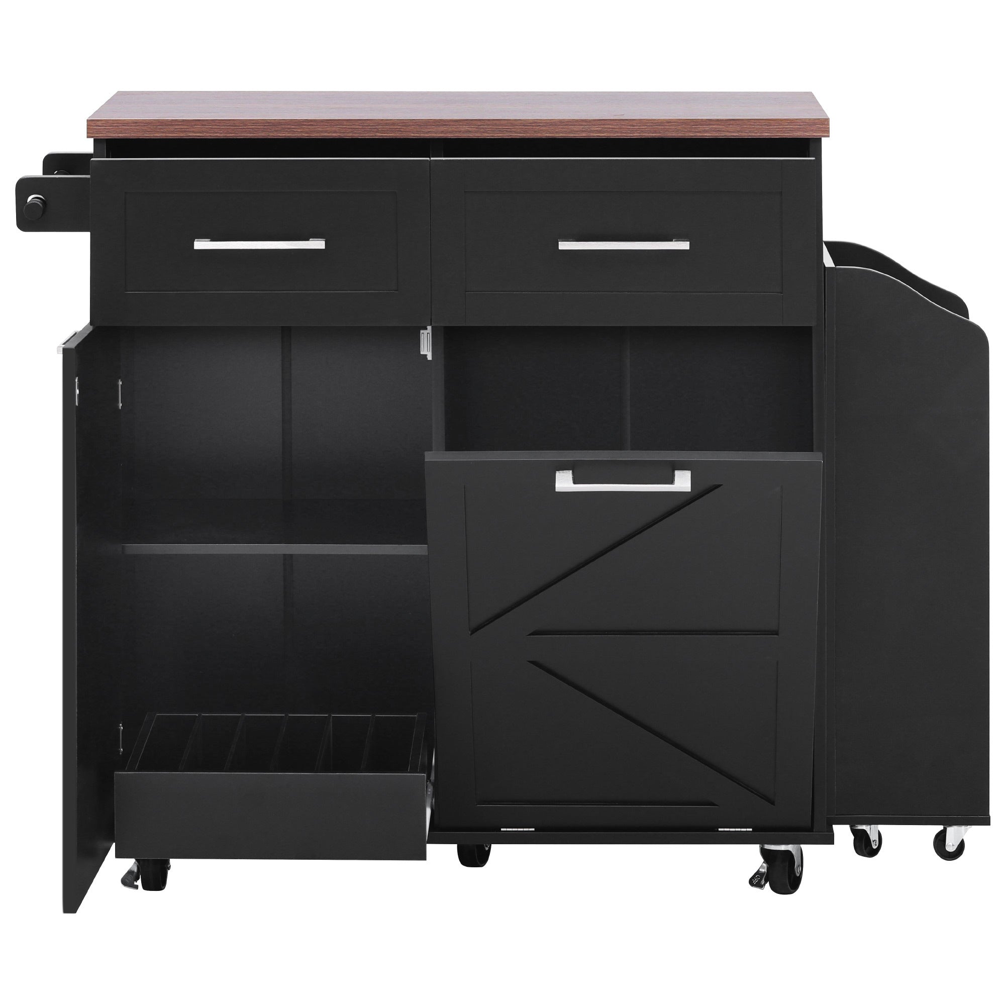 K&K 47.2' Farmhouse Kitchen Island with Drop Leaf, Kitchen Storage Island with Removable Side Racks, Two Drawers, Rolling Kitchen Cart on Wheels with Towel Rack, for Home, Kitchen, Dining Room, Black