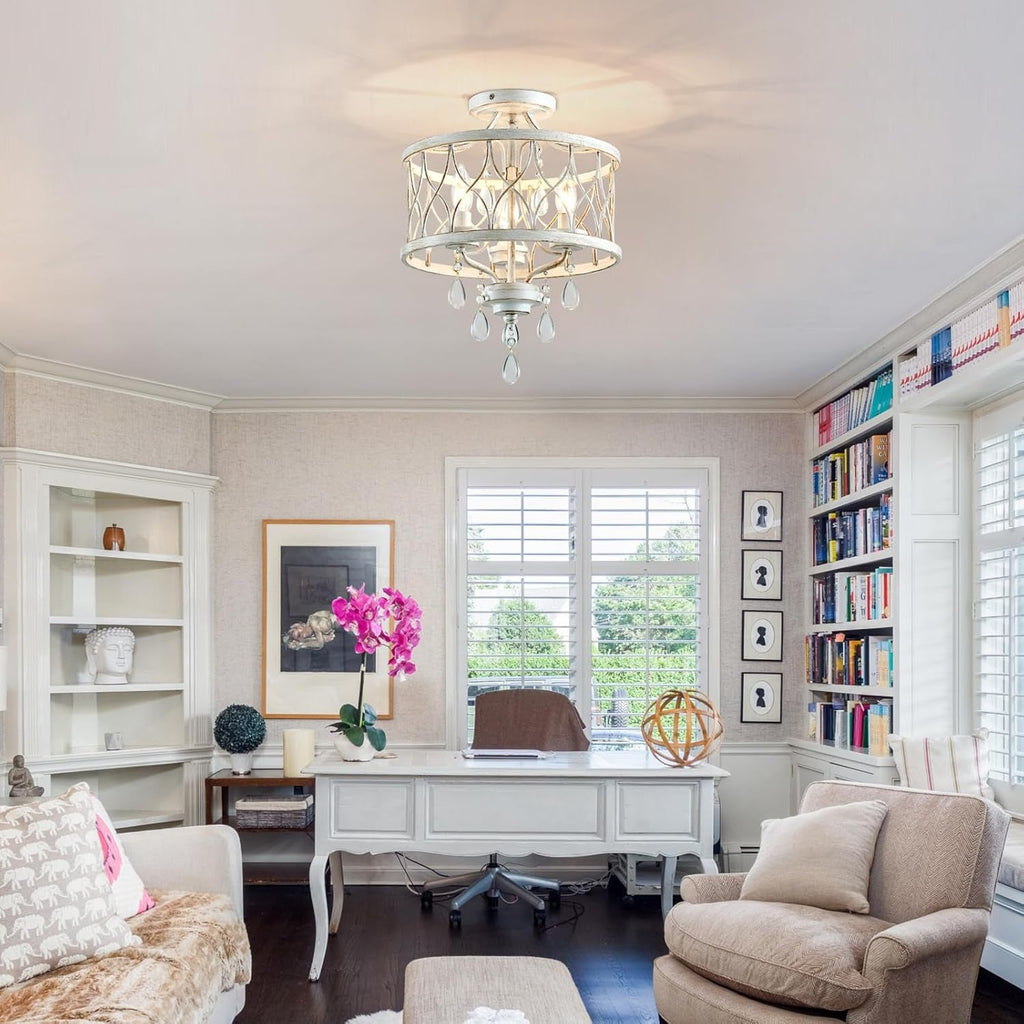 Farmhouse Crystal Ceiling Light Three Light White Fixture