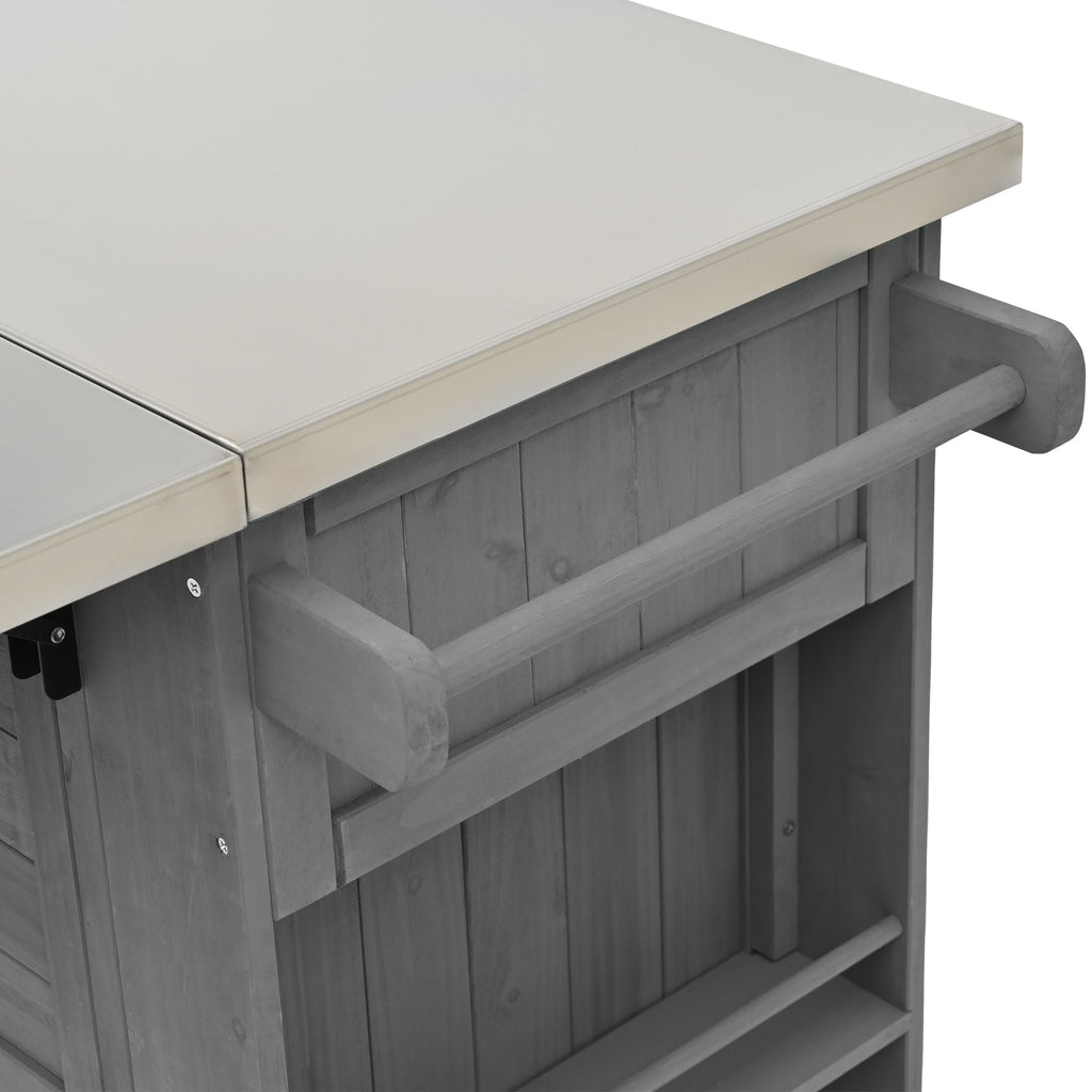 Outdoor Kitchen Island Fir Wood Kitchen Island with Stainless Steel Top, Ample Storage, Towel and Spice Racks, Bottle Opener, Grey