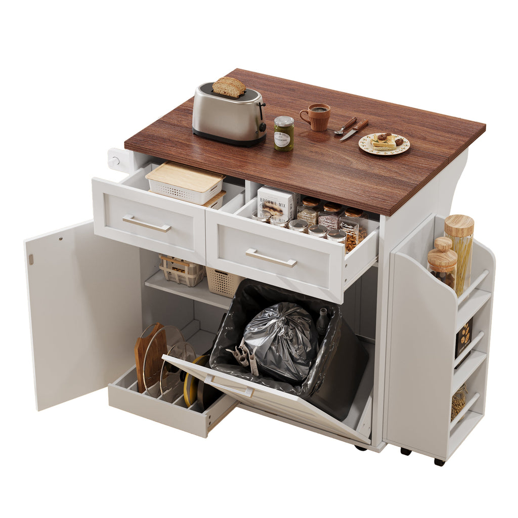 K&K 47.2' Farmhouse Kitchen Island with Drop Leaf, Kitchen Storage Island with Removable Side Racks, Two Drawers, Rolling Kitchen Cart on Wheels with Towel Rack, for Home, Kitchen, Dining Room, White
