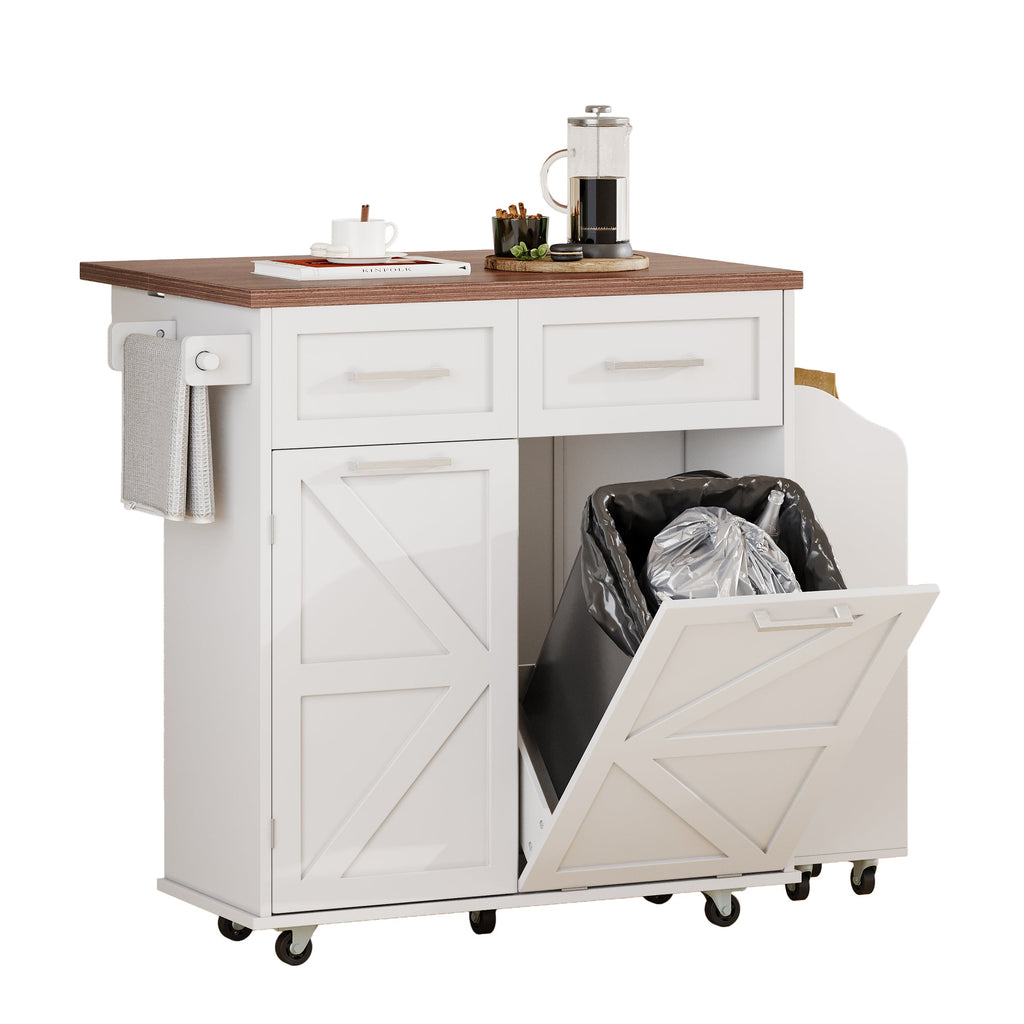 K&K 47.2' Farmhouse Kitchen Island with Drop Leaf, Kitchen Storage Island with Removable Side Racks, Two Drawers, Rolling Kitchen Cart on Wheels with Towel Rack, for Home, Kitchen, Dining Room, White