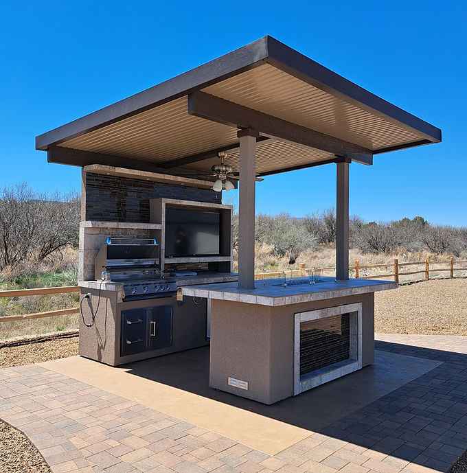 KoKoMo Baja Outdoor Kitchen with 12x12 Patio Cover – Complete Modular BBQ Island with Grill, Fridge & Bar Seating