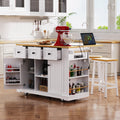 K&K 53inch Large Kitchen Island with 2 Bar Stools, Power Outlet,Door Internal Storage Rack, Kitchen Storage Cart on 5 Wheels with Drop Leaf, 5 Open Side Racks, 3 Drawers, for Kitchen,Dining Room,White