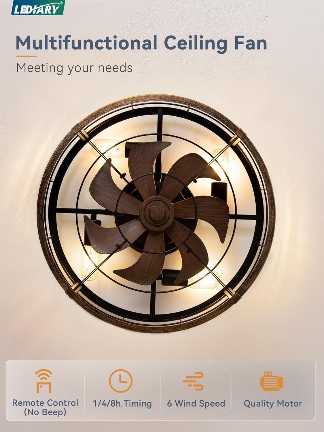 20 Inch Farmhouse Enclosed Ceiling Fan With Integrated LED Remote For Bedroom Kitchen Patio