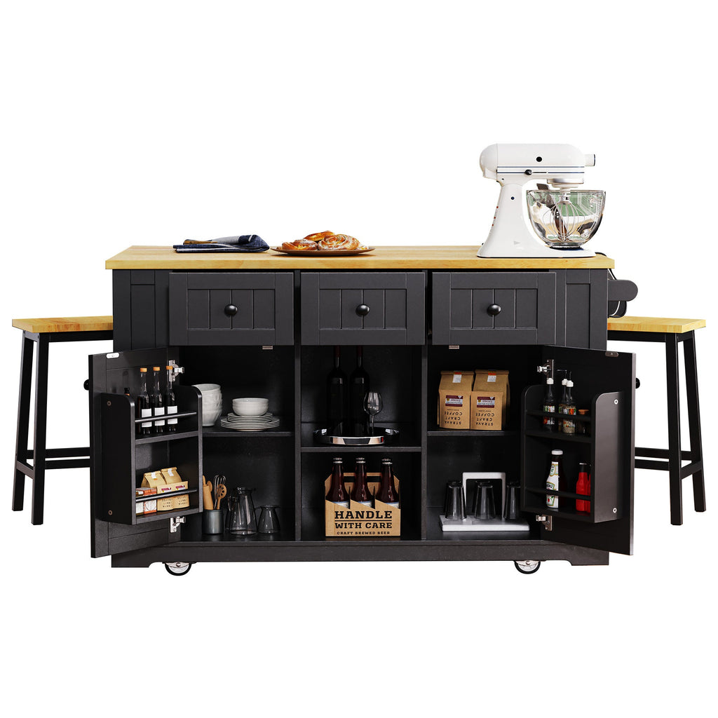 K&K 53inch Large Kitchen Island with 2 Bar Stools, Power Outlet,Door Internal Storage Rack, Kitchen Storage Cart on 5 Wheels with Drop Leaf, 5 Open Side Racks, 3 Drawers, for Kitchen,Dining Room,Black