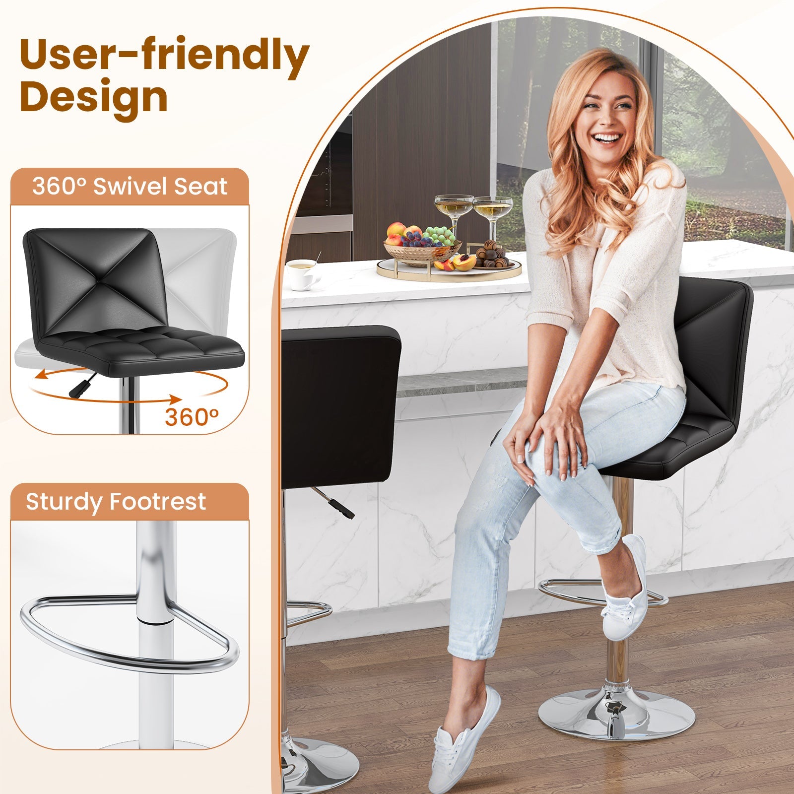 PU Leather Upholstered Bar Stools Set of 2 with Back and Adjustable Height-Black