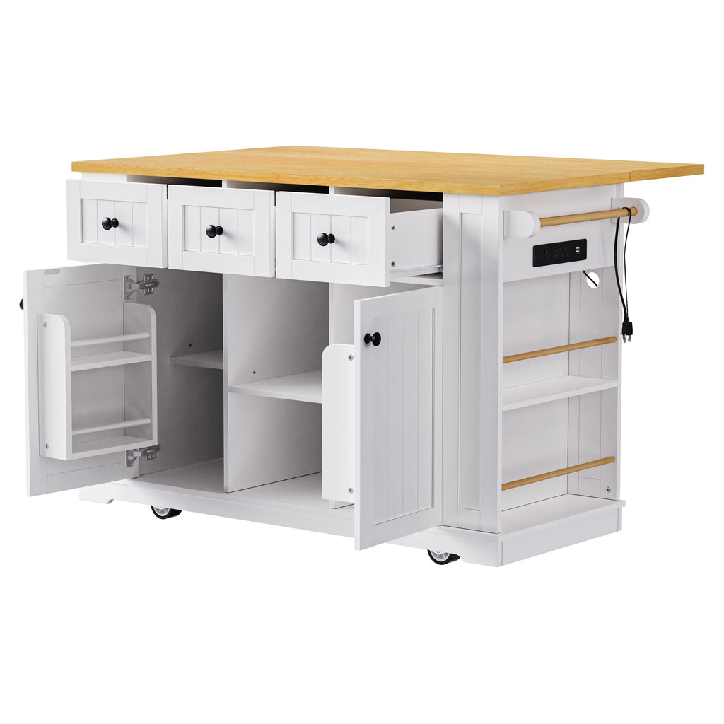K&K 53inch Large Kitchen Island with 2 Bar Stools, Power Outlet,Door Internal Storage Rack, Kitchen Storage Cart on 5 Wheels with Drop Leaf, 5 Open Side Racks, 3 Drawers, for Kitchen,Dining Room,White