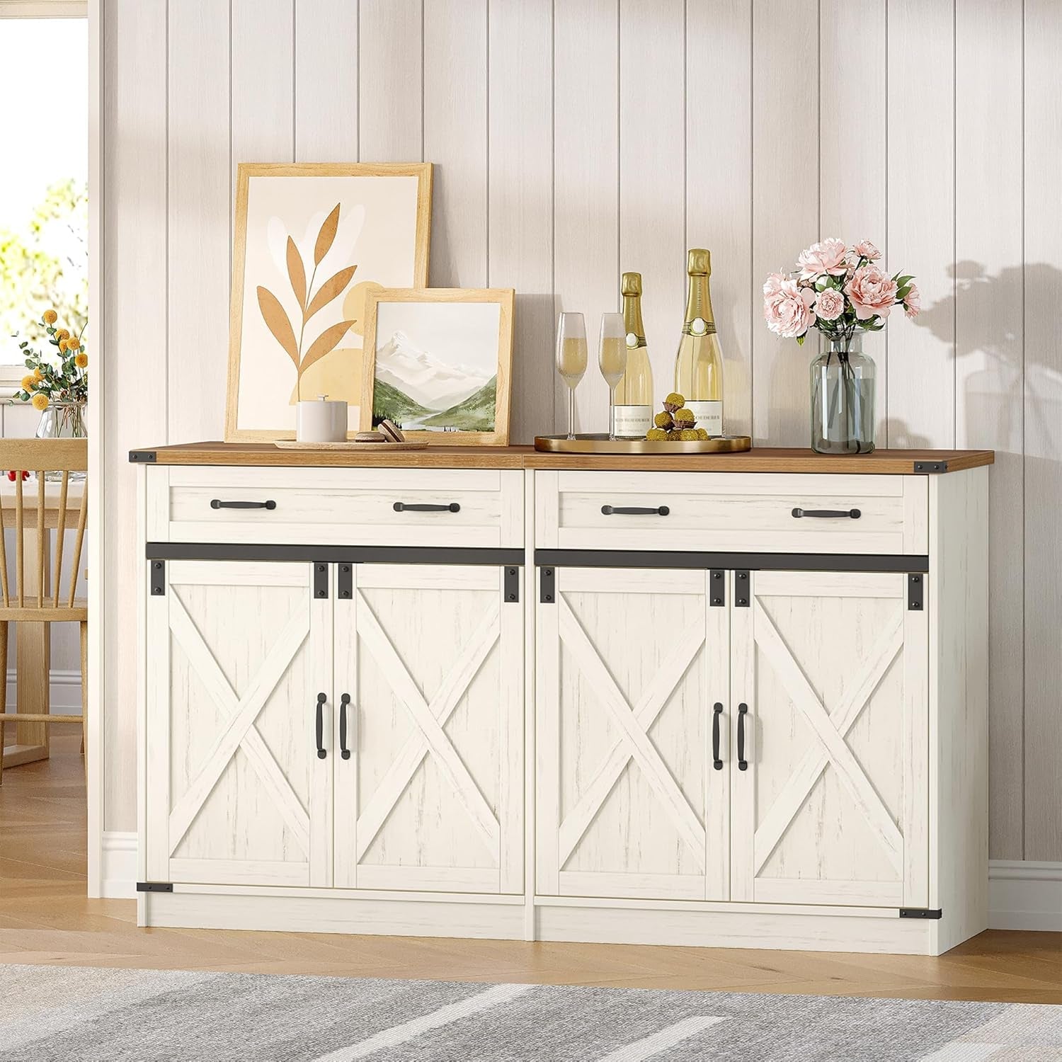 White Brown Farmhouse Buffet Cabinet Adjustable Shelves