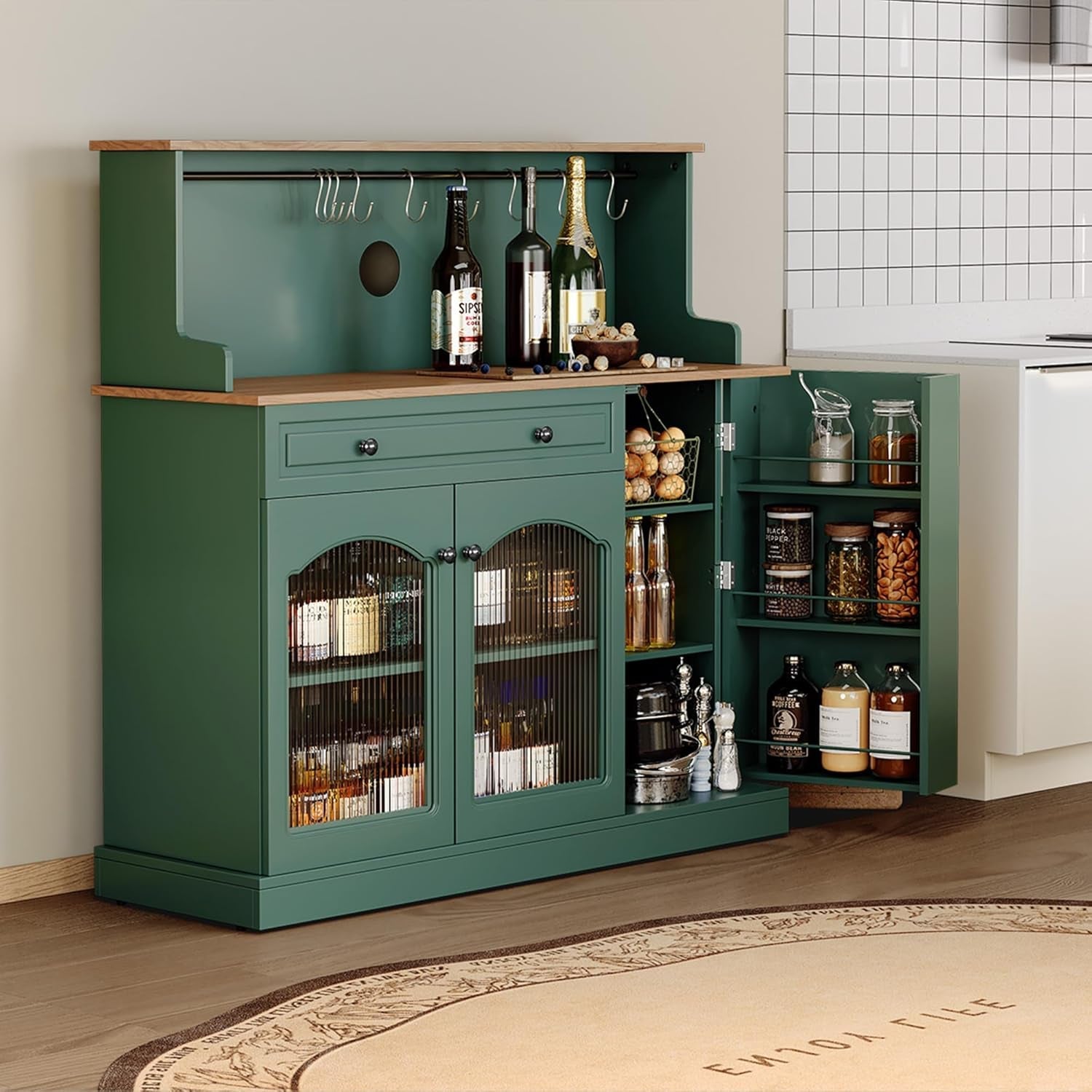 Green Farmhouse Coffee Bar Cabinet With Hutch 48 Inch