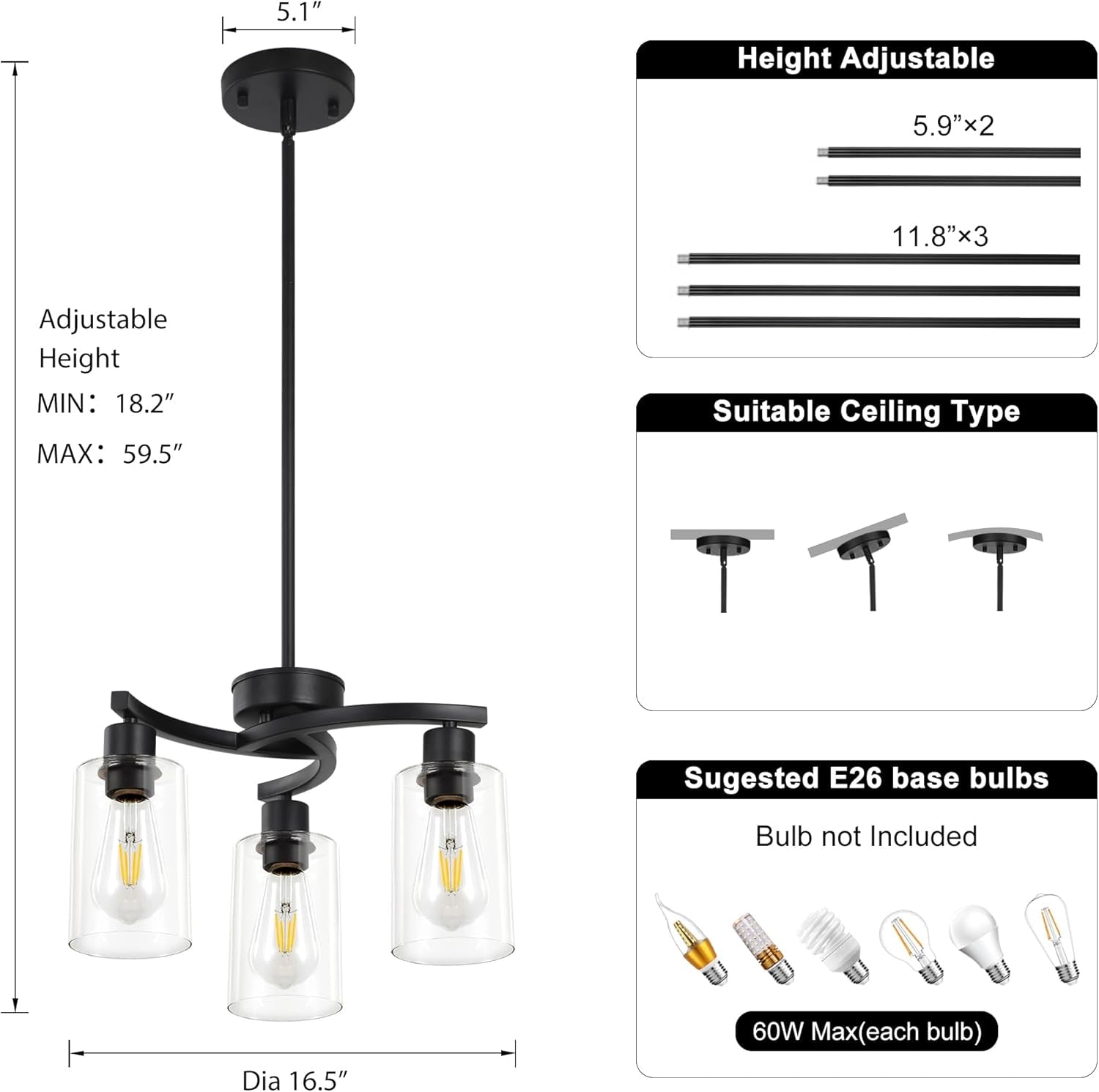 Three Light Black Dining Chandeliers For Kitchen Island