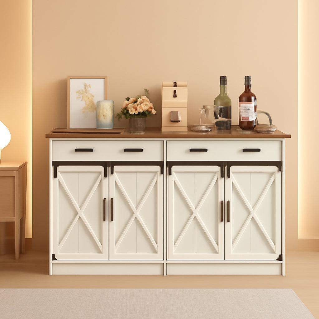 White Brown Farmhouse Buffet Cabinet Adjustable Shelves