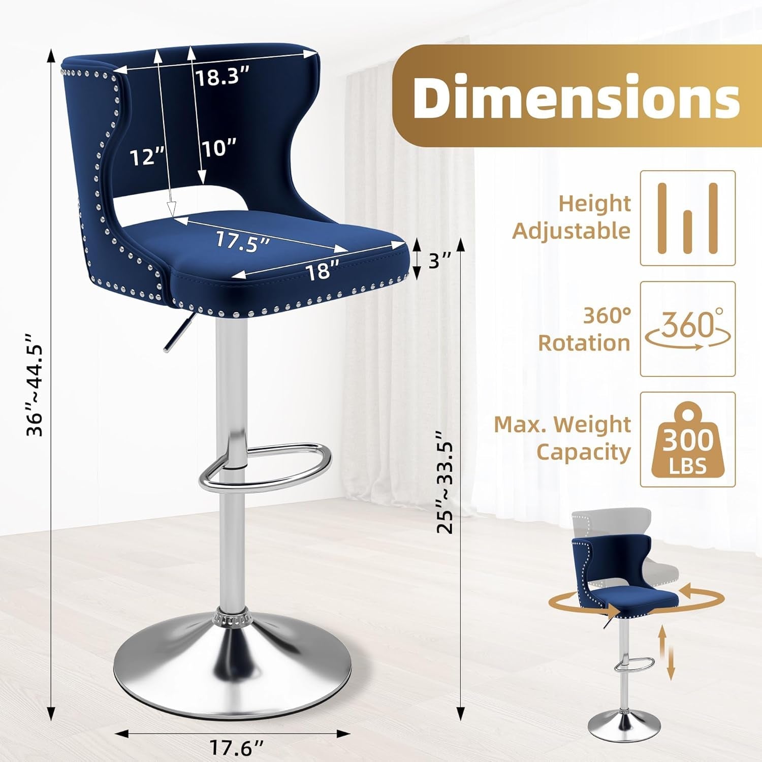 Blue Swivel Bar Stools Set of 4 for Kitchen Island