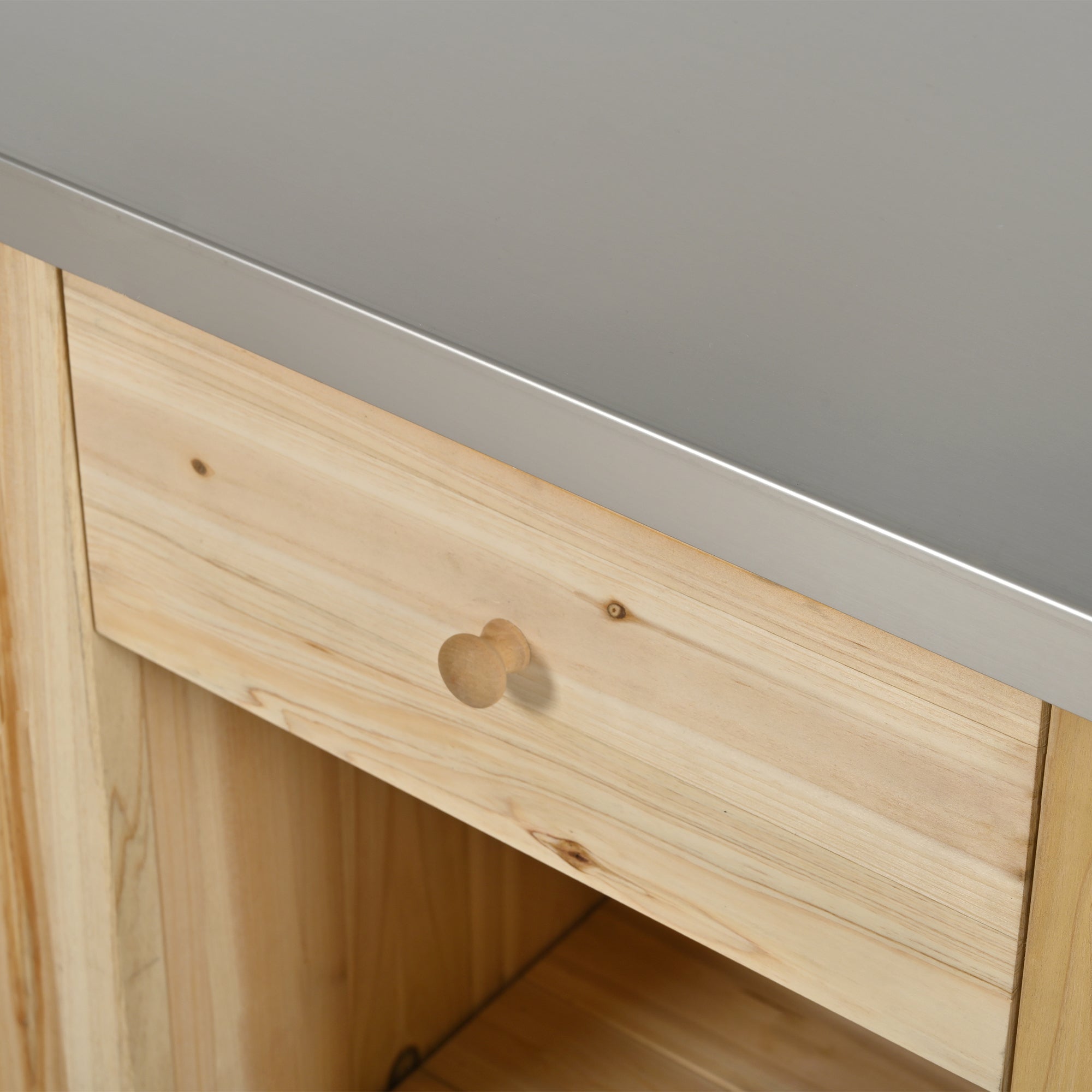 Outdoor Kitchen Island Fir Wood Kitchen Island with Stainless Steel Top, Ample Storage Space, Towel and Spice Racks, Bottle Opener, Natural