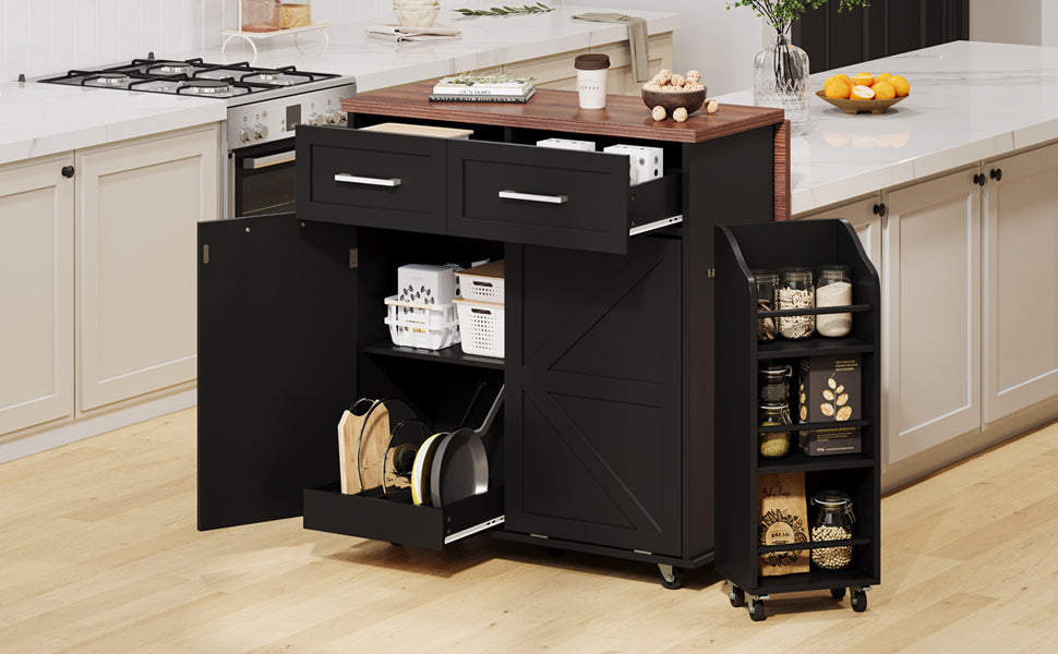 K&K 47.2' Farmhouse Kitchen Island with Drop Leaf, Kitchen Storage Island with Removable Side Racks, Two Drawers, Rolling Kitchen Cart on Wheels with Towel Rack, for Home, Kitchen, Dining Room, Black