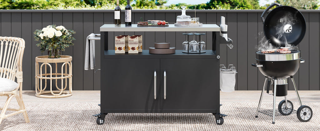 K&K 54.5' Outdoor Kitchen Island with Stainless Steel Tabletop and Storage