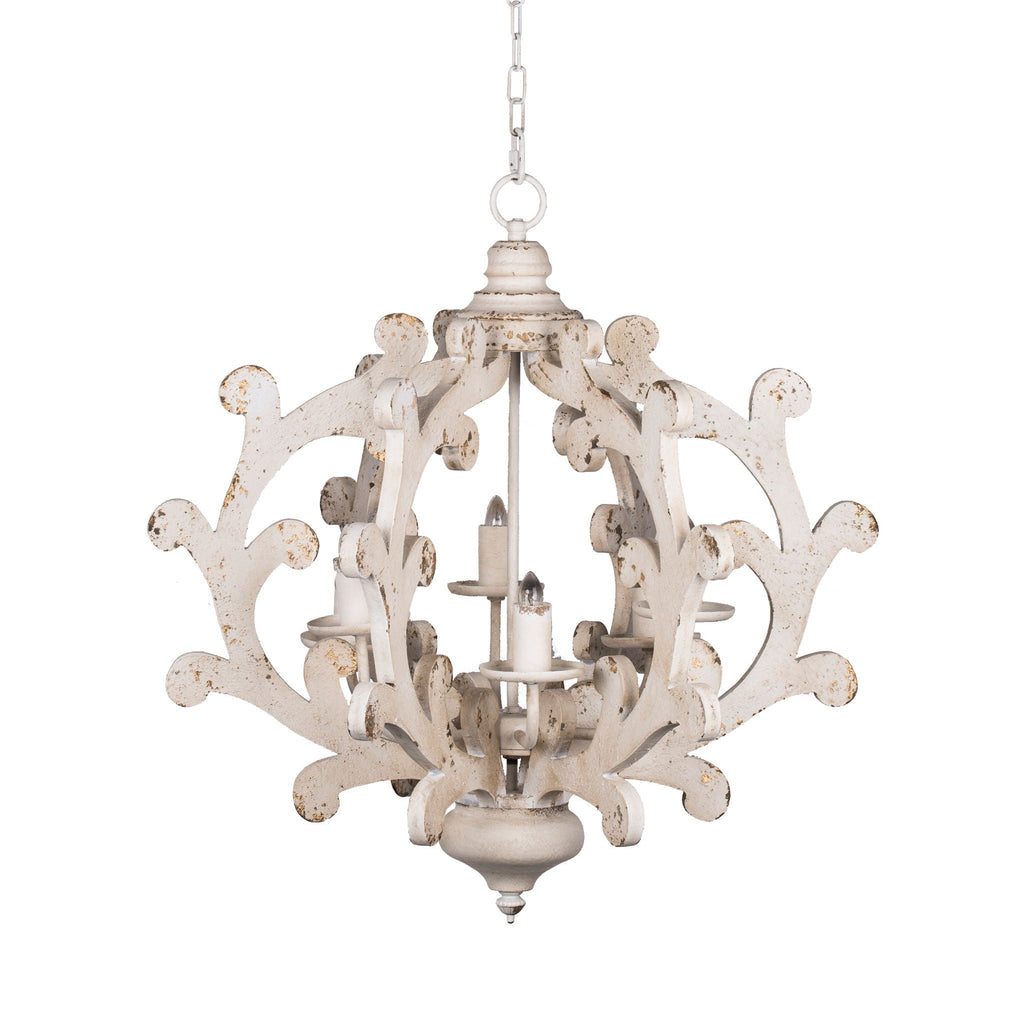 6 Light White Wood and Iron Chandelier with Adjustable Chain