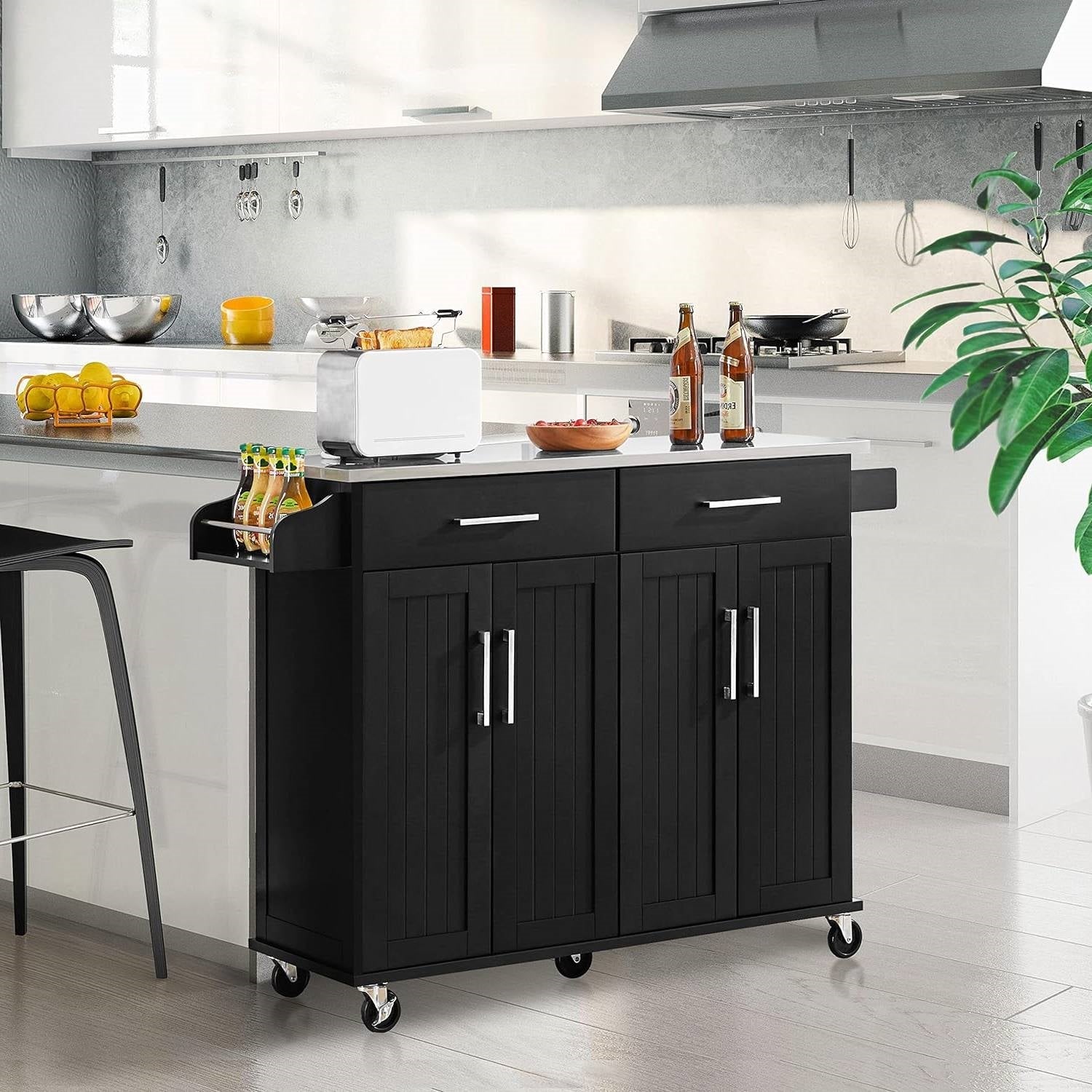 Black Kitchen Island Cart with Stainless Steel Top 2 Drawers and Cabinet - Kitchen > Kitchen Carts | Kick in the Kitch
