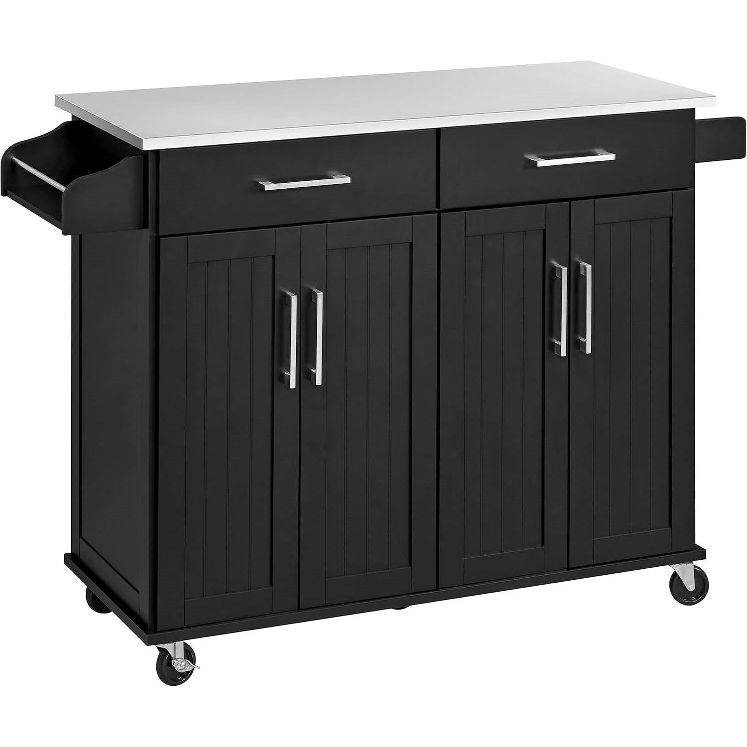 Black Kitchen Island Cart with Stainless Steel Top 2 Drawers and Cabinet - Kitchen > Kitchen Carts | Kick in the Kitch