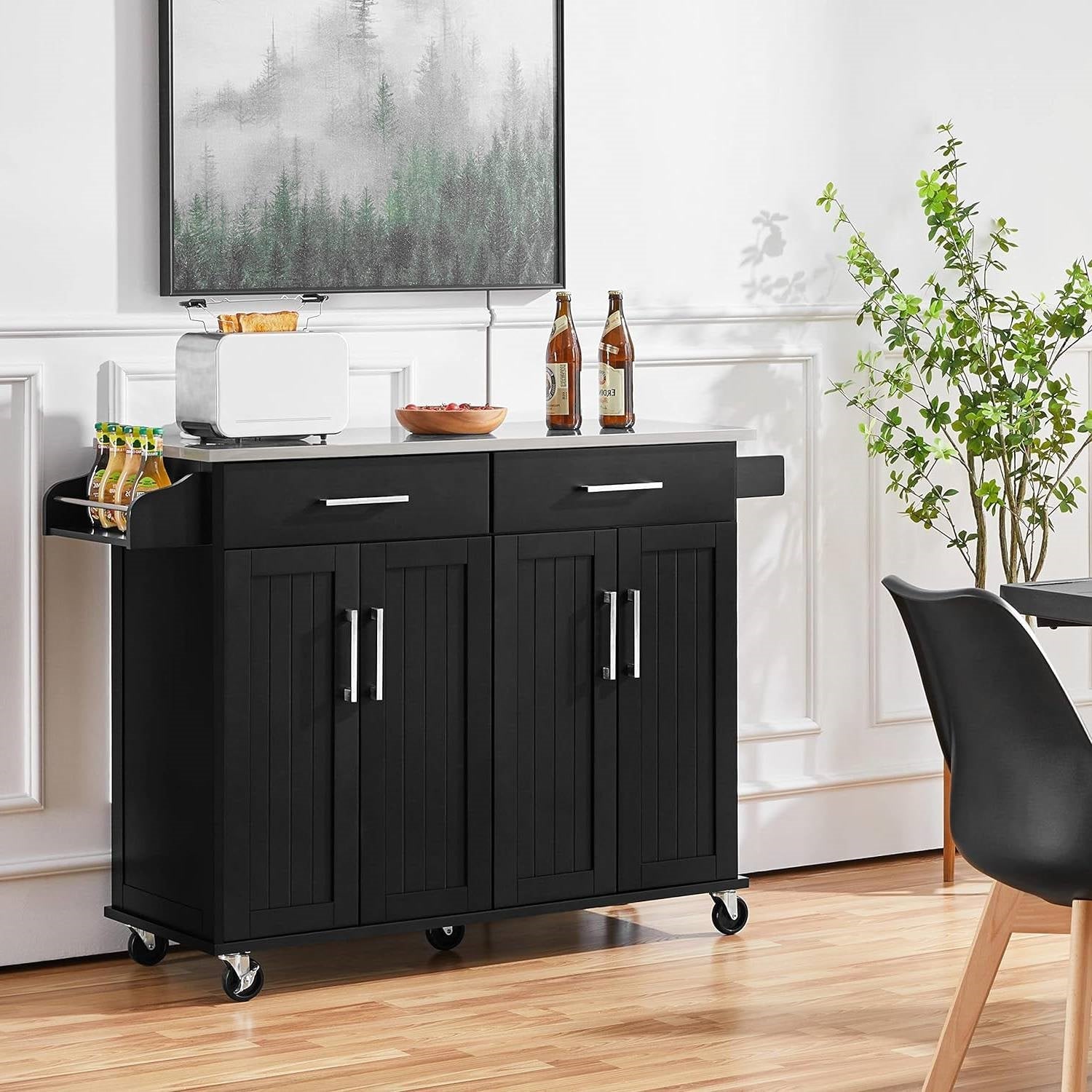Black Kitchen Island Cart with Stainless Steel Top 2 Drawers and Cabinet - Kitchen > Kitchen Carts | Kick in the Kitch