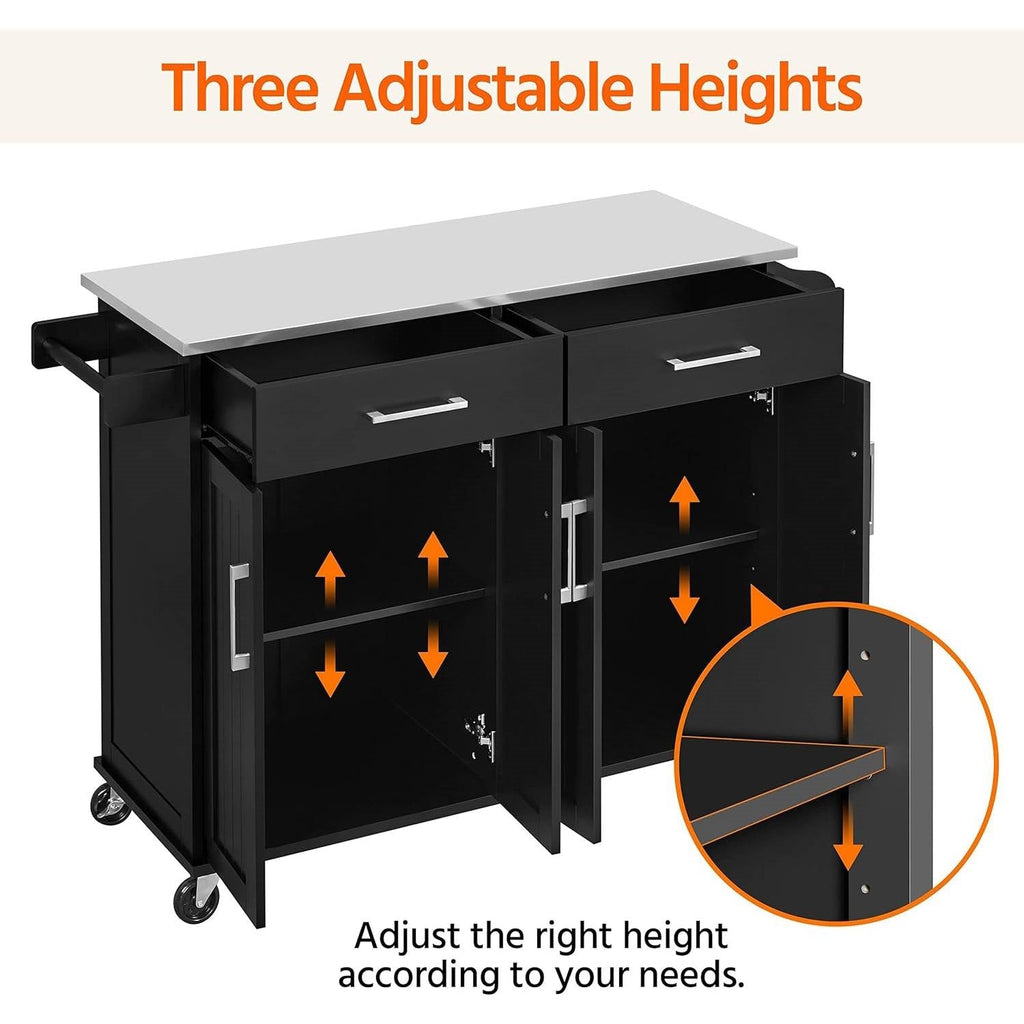 Black Kitchen Island Cart with Stainless Steel Top 2 Drawers and Cabinet - Kitchen > Kitchen Carts | Kick in the Kitch