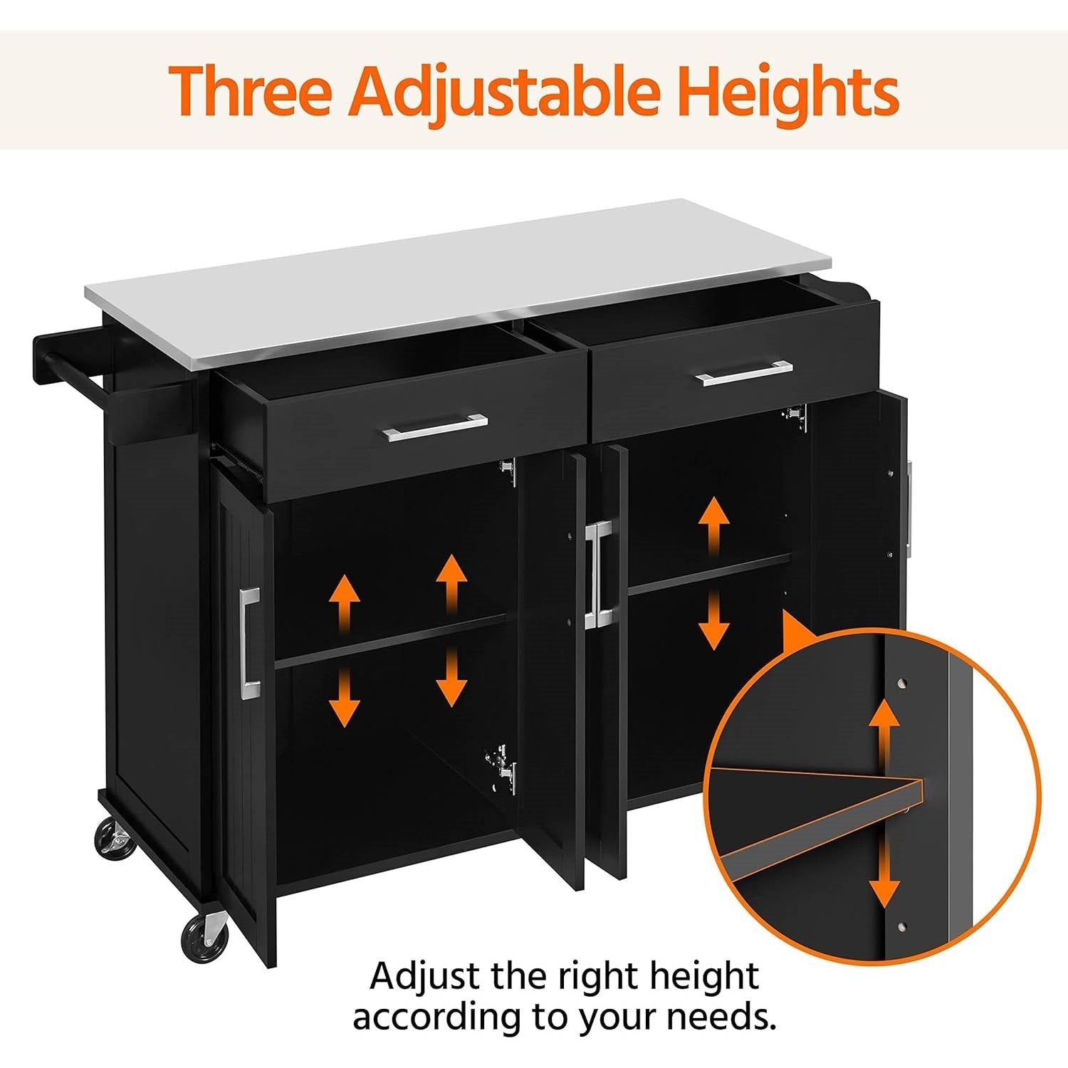 Black Kitchen Island Cart with Stainless Steel Top 2 Drawers and Cabinet - Kitchen > Kitchen Carts | Kick in the Kitch