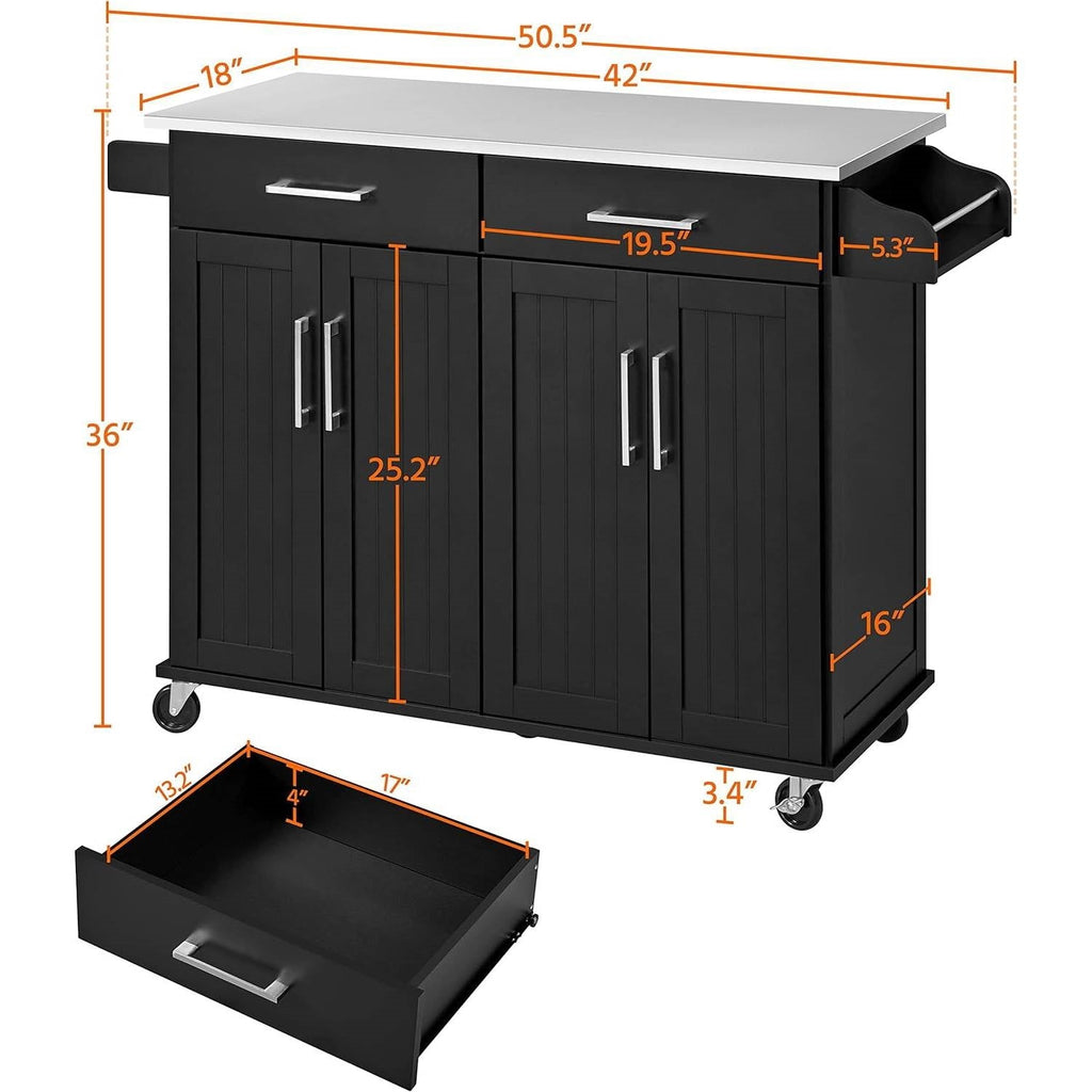 Black Kitchen Island Cart with Stainless Steel Top 2 Drawers and Cabinet - Kitchen > Kitchen Carts | Kick in the Kitch