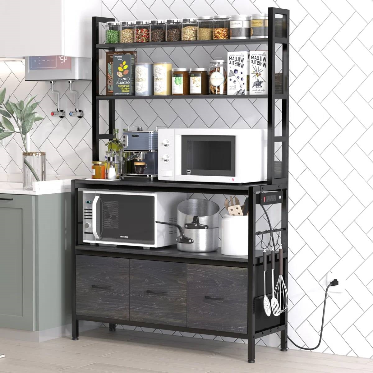 Black Metal Kitchen Baker's Rack 4-Shelves with Bottom Storage Cabinets