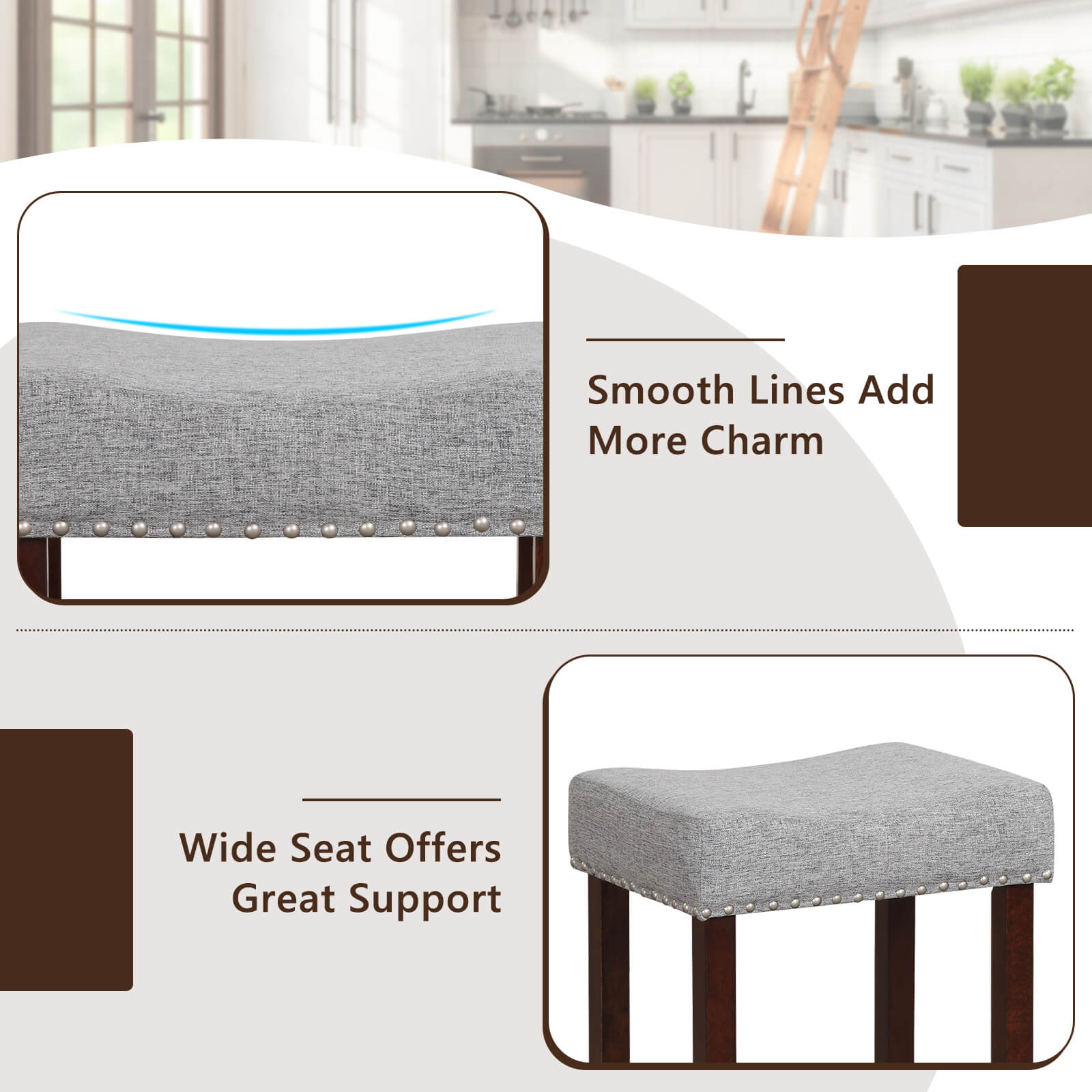 29 Inch Set of 2 Height Upholstered Bar Stool with Solid Rubber Wood Legs and Footrest-Gray