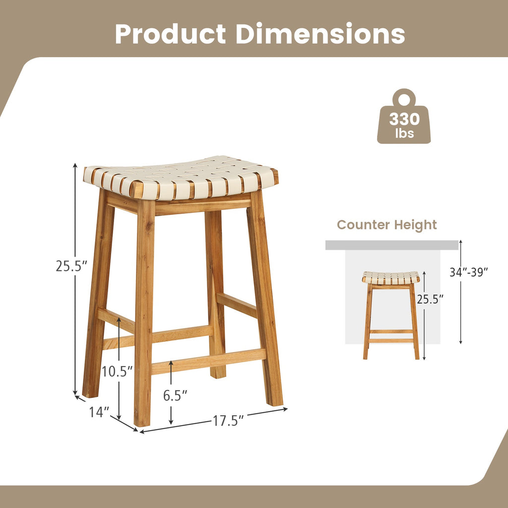 Faux PU Leather Bar Stools Set of 2 with Woven Curved Seat Natural-25.5 inches