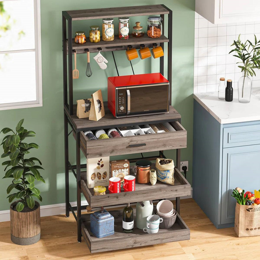 Grey Modern Baker's Rack Kitchen Shelving Unit with Pull-Out Shelves and Drawer