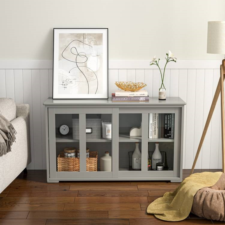 Grey Wood Buffet Kitchen Dining Sideboard Storage Cabinet w/ Glass Sliding Door - Dining > Sideboards & Buffets | Kick in the Kitch